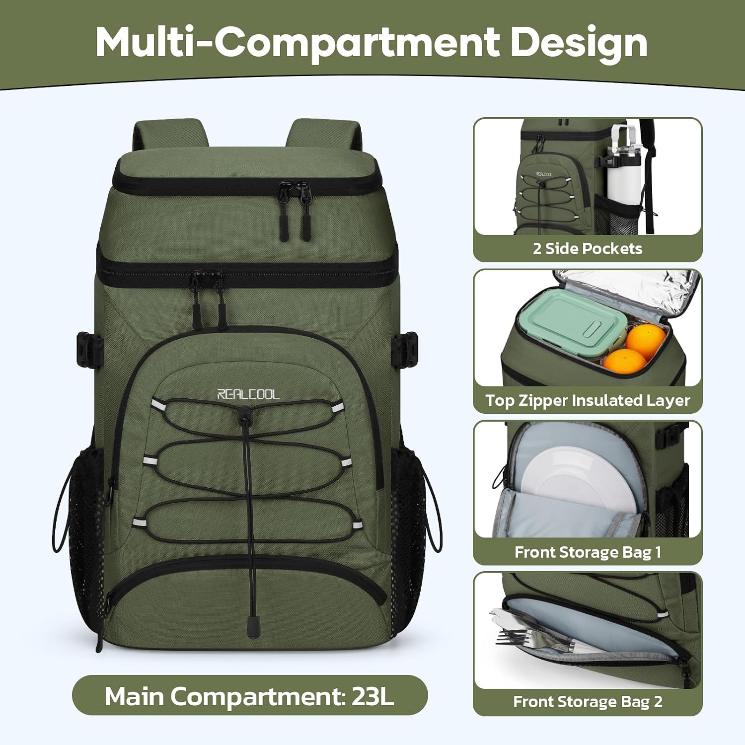 33-Can Cooler Backpack, Army Green — view 5