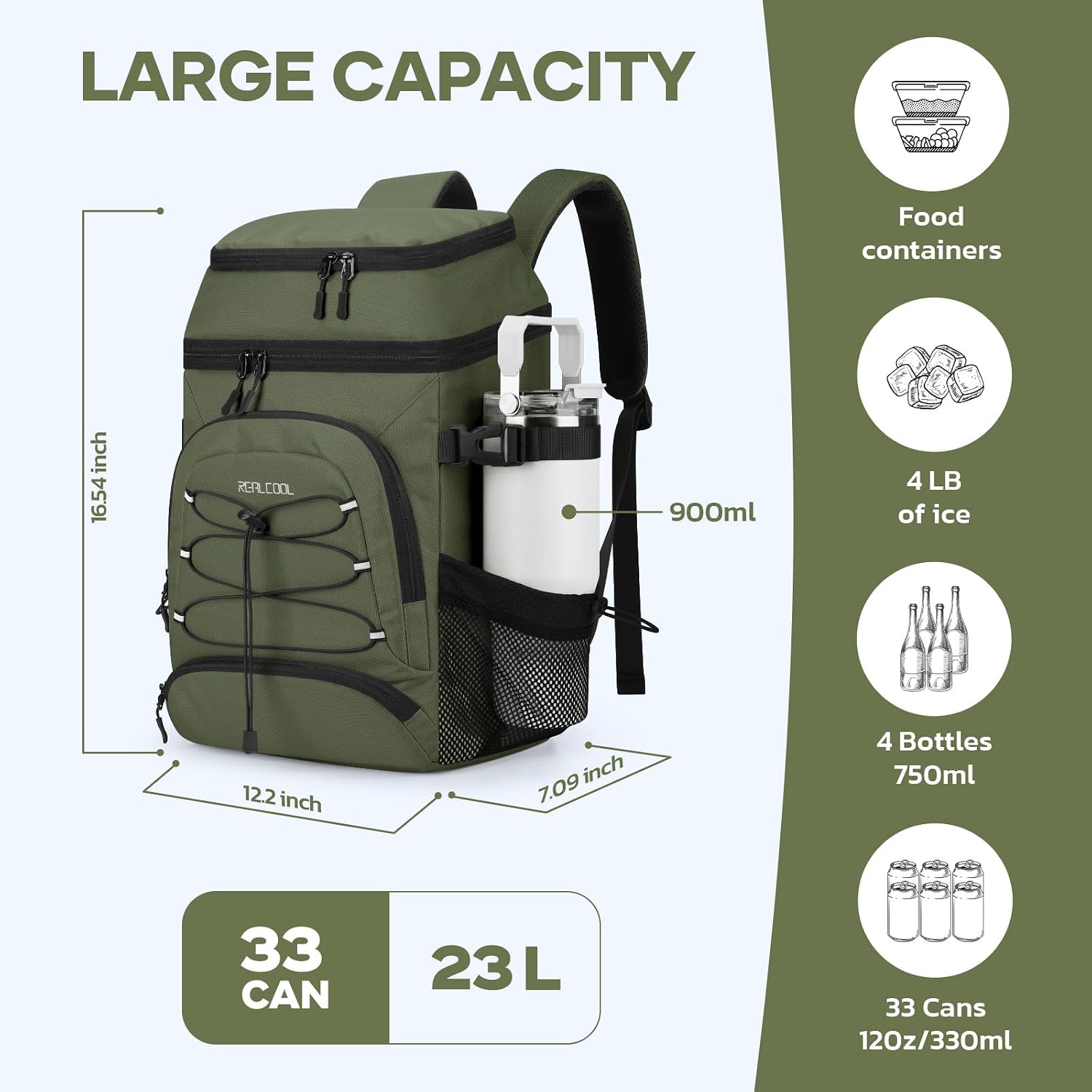 33-Can Cooler Backpack, Army Green — view 6