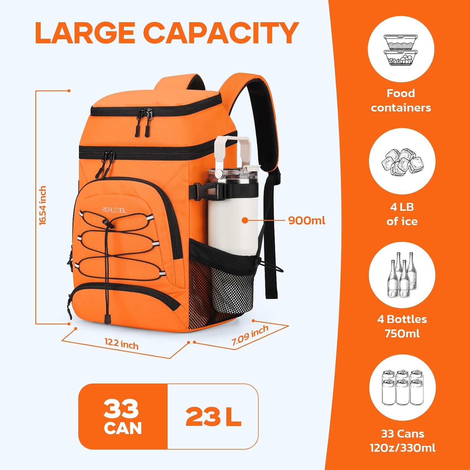 33-Can Cooler Backpack, Orange — view 6
